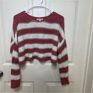 American Eagle Cropped Pink and White Striped Crew Neck Sweater